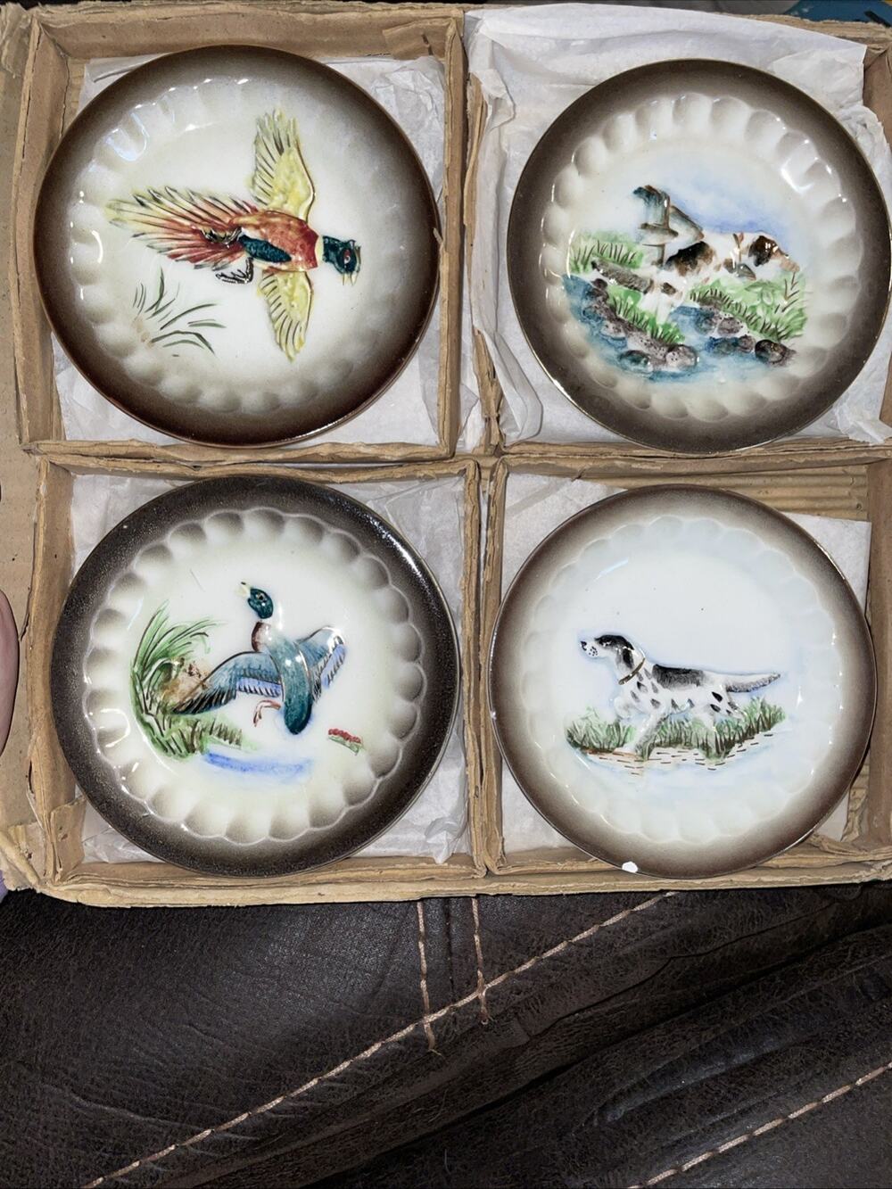 Vintage Shafford 4 Pc Plate Set Handpainted Pheasant Duck Hunting Dogs Original